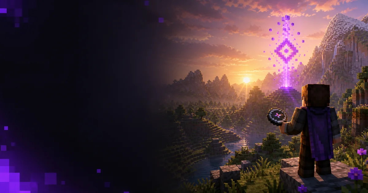 Jugador de Minecraft frente a una baliza púrpura que representa la conexión a un servidor