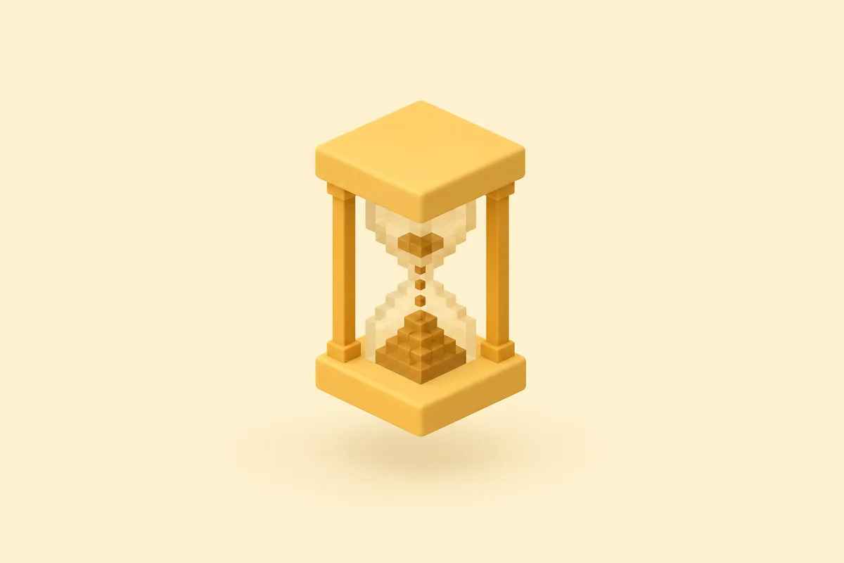 Reloj de arena de bloques ámbar con columnas y la arena cayendo, sobre fondo amarillo claro