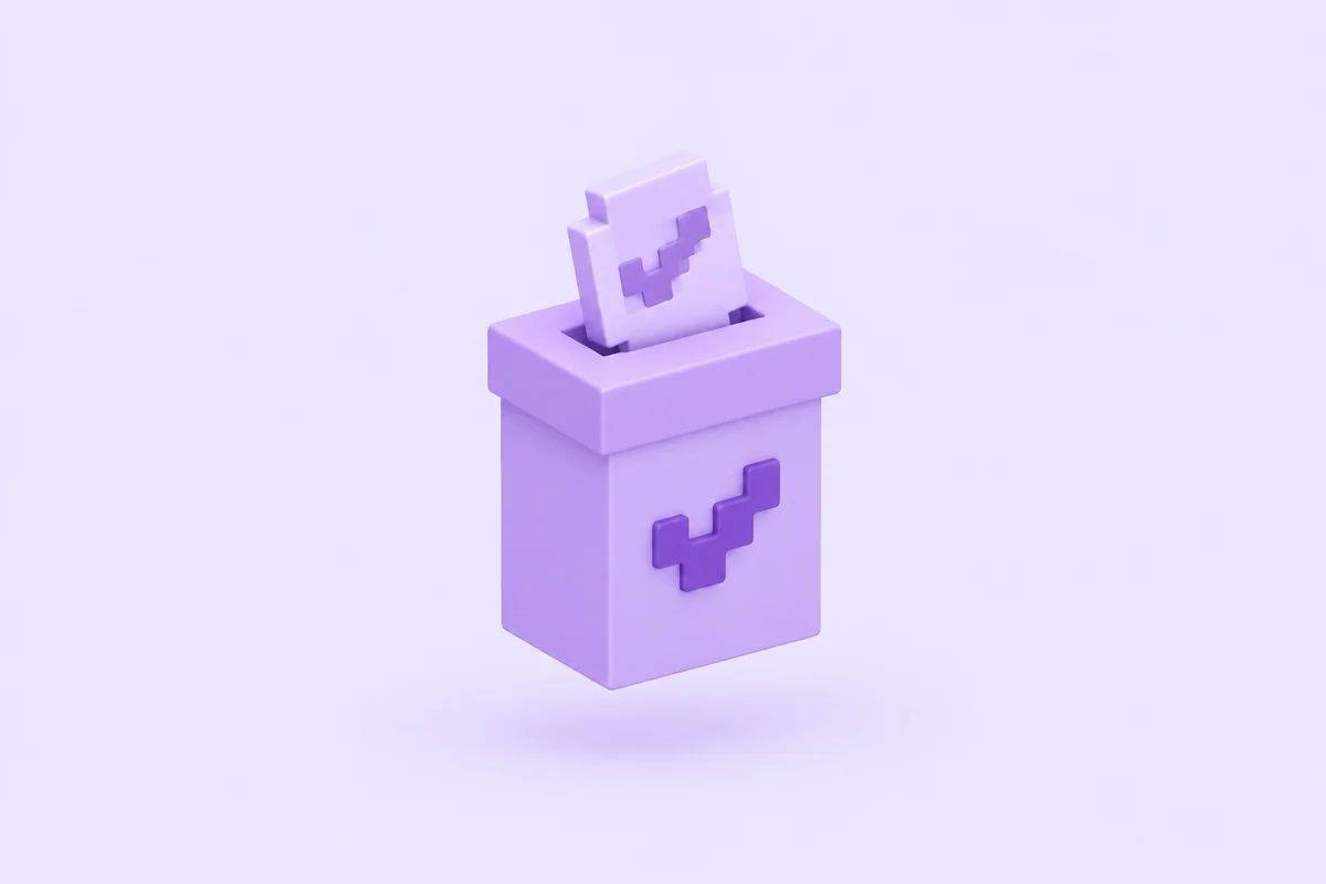 Urna de votación de bloques violeta con una papeleta marcada entrando por la ranura