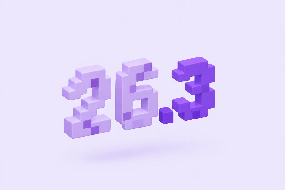 Número 26.3 hecho de bloques violeta sobre fondo lila