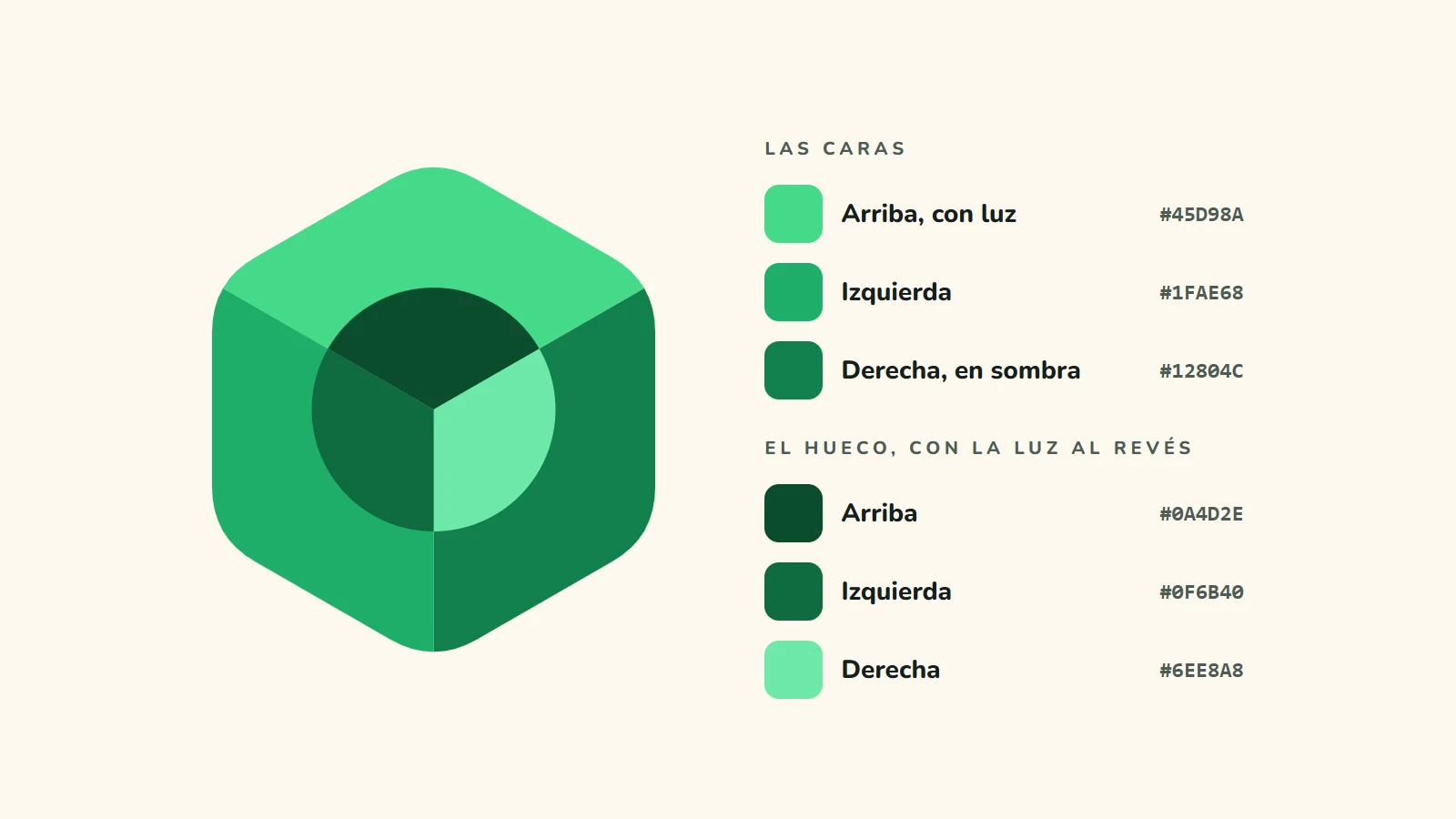 El cubo del logo en grande con sus seis verdes: tres para las caras, de la más iluminada arriba a la más oscura a la derecha, y tres para el hueco, con la luz al revés
