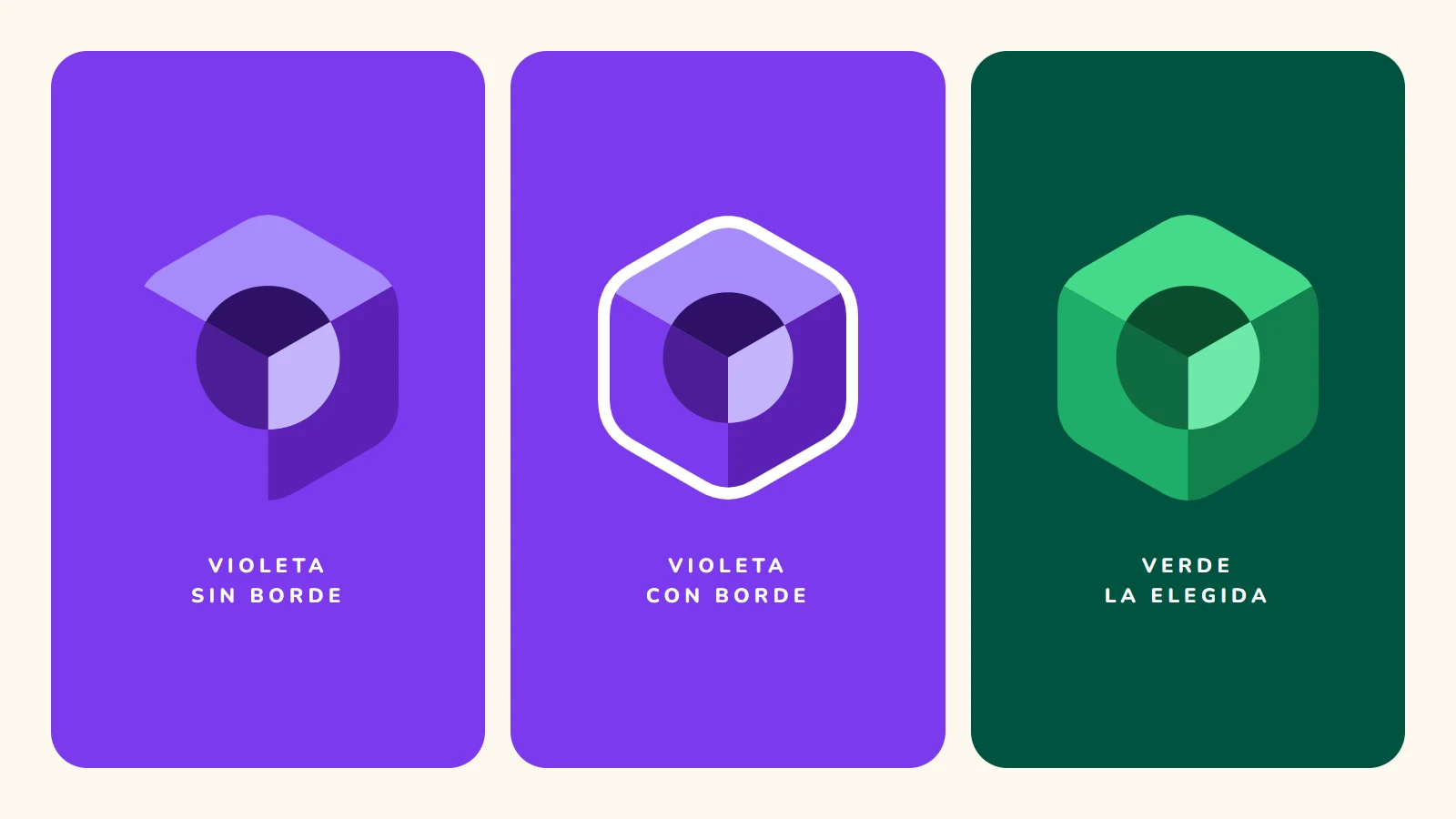 Tres pruebas del logo: en violeta sobre fondo violeta, donde una cara desaparece; en violeta con un borde blanco; y en verde sobre verde oscuro, la versión elegida