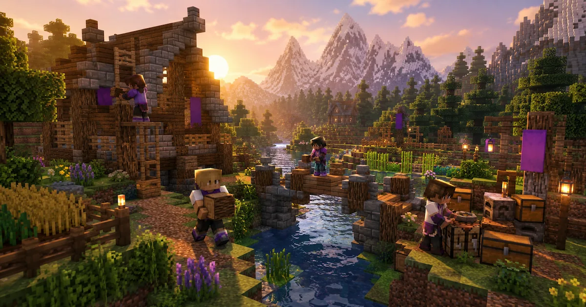 Cuatro aventureros de Minecraft colaboran en la construcción de una base junto a un puente, cultivos y un río