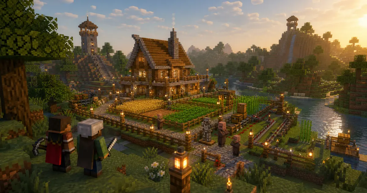 Dos jugadores contemplan una base survival protegida, con cultivos, aldeanos y mecanismos de redstone