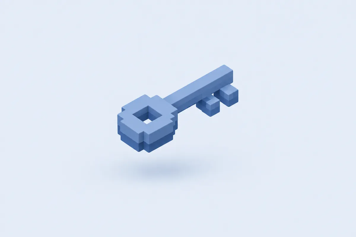 Llave de Minecraft en bloques azules flotando sobre un fondo azul claro